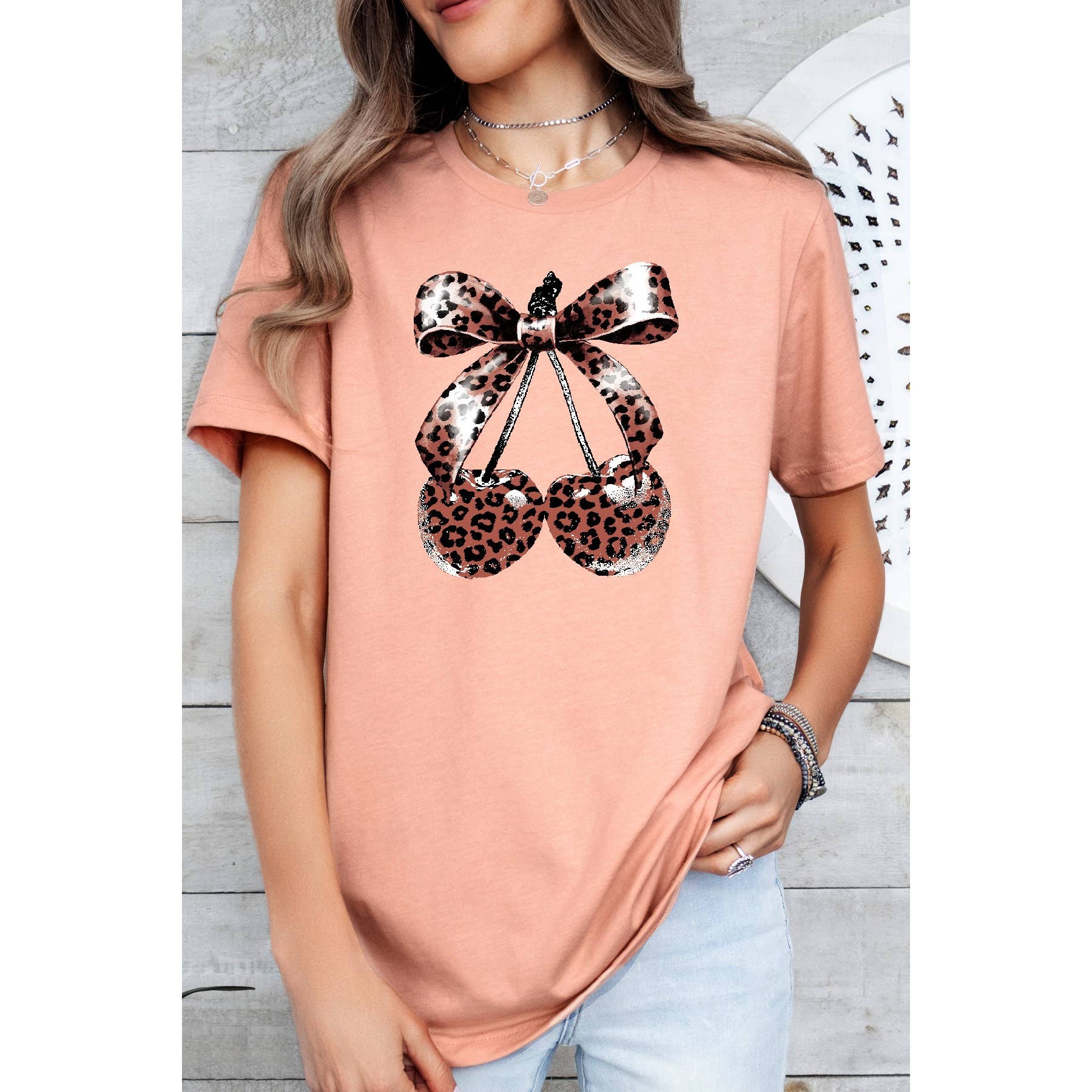 Leopard Bow Cherry Short Sleeve Tee Hoodie, Sweatshirt | PodTeesHub.com