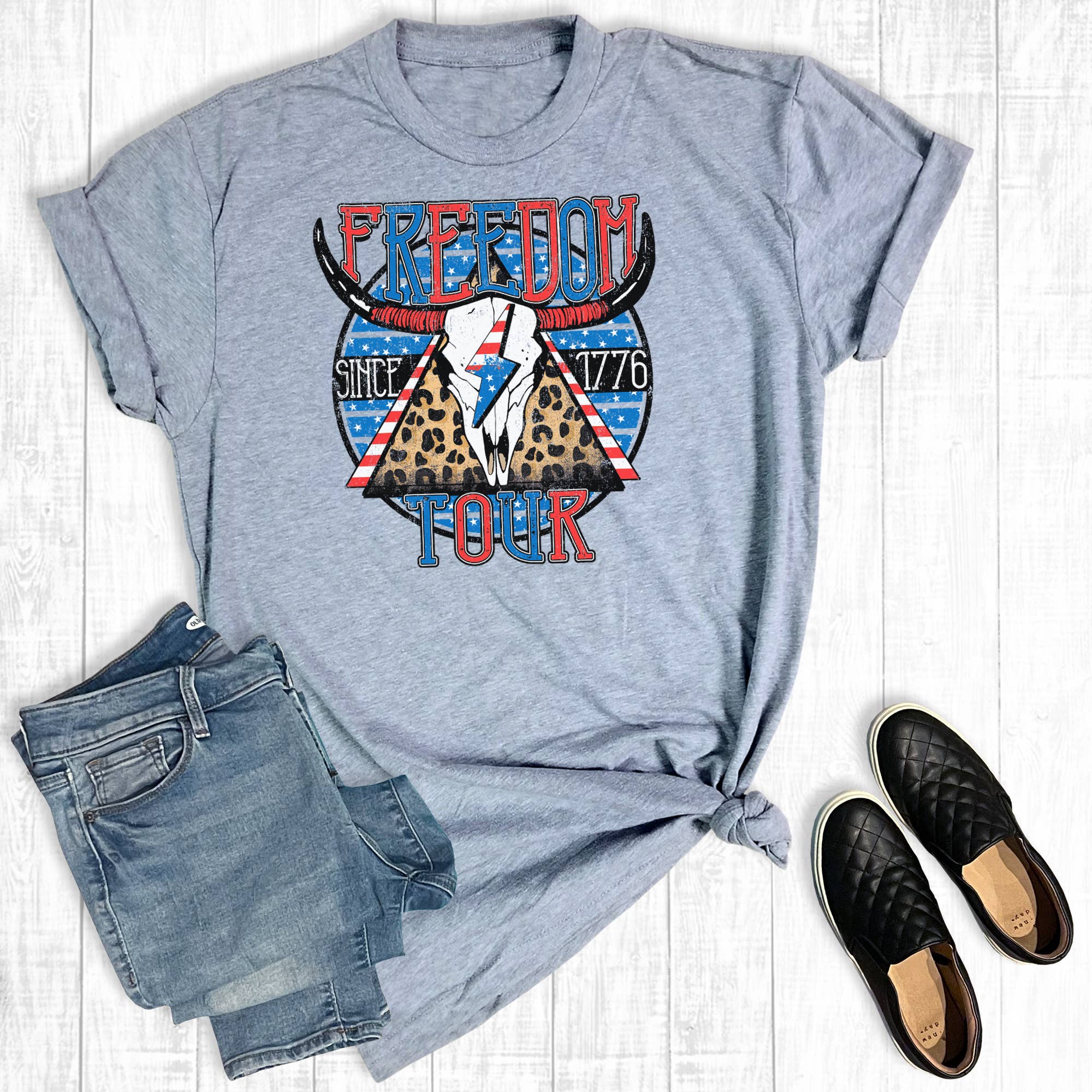 4th of July Freedom Tour Cowskull Graphic Tee Hoodie, Sweatshirt | PodTeesHub.com