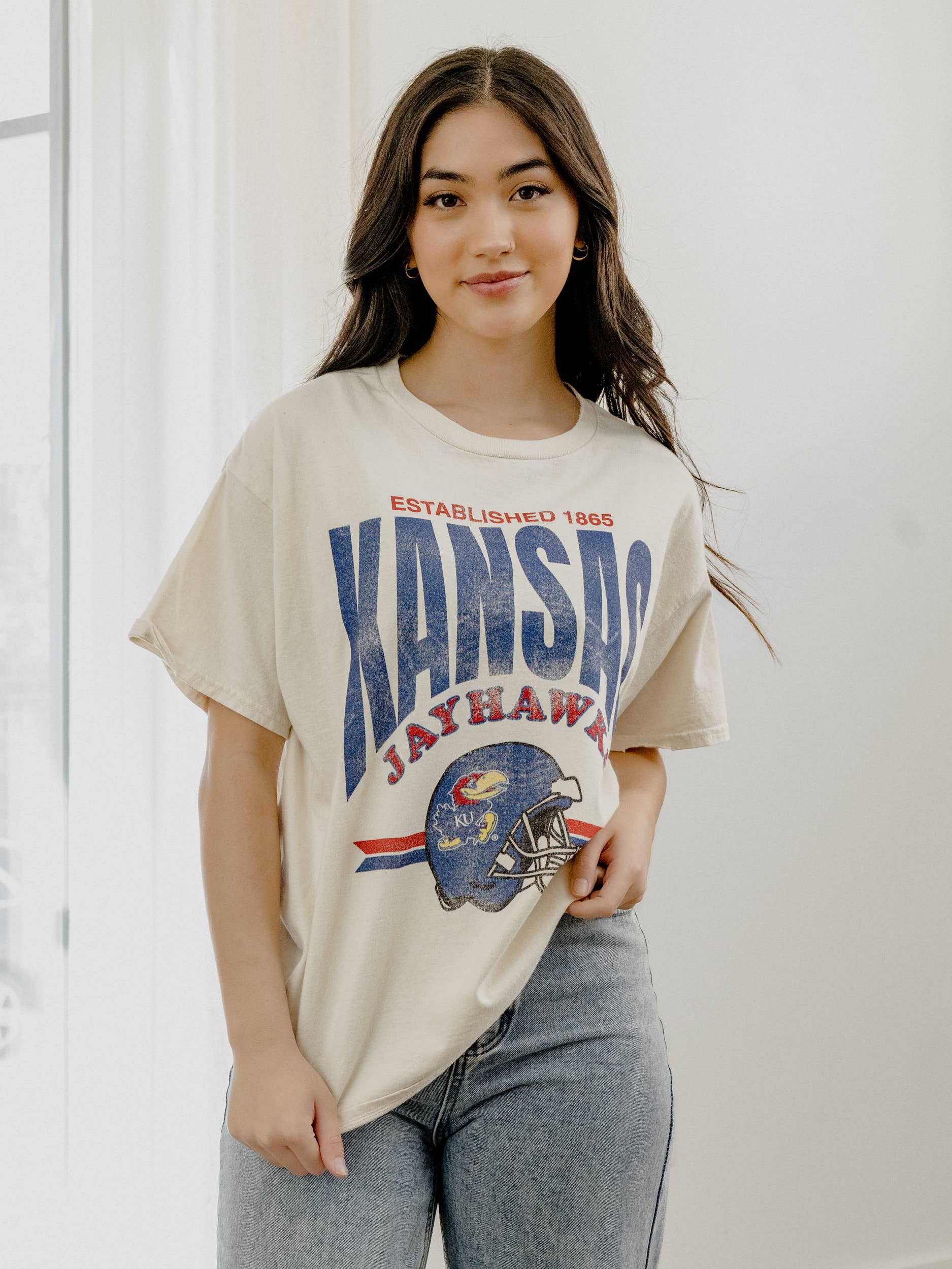 Ku Jayhawks Established Date Helmet Off White Thrifted Tee Hoodie, Sweatshirt | PodTeesHub.com