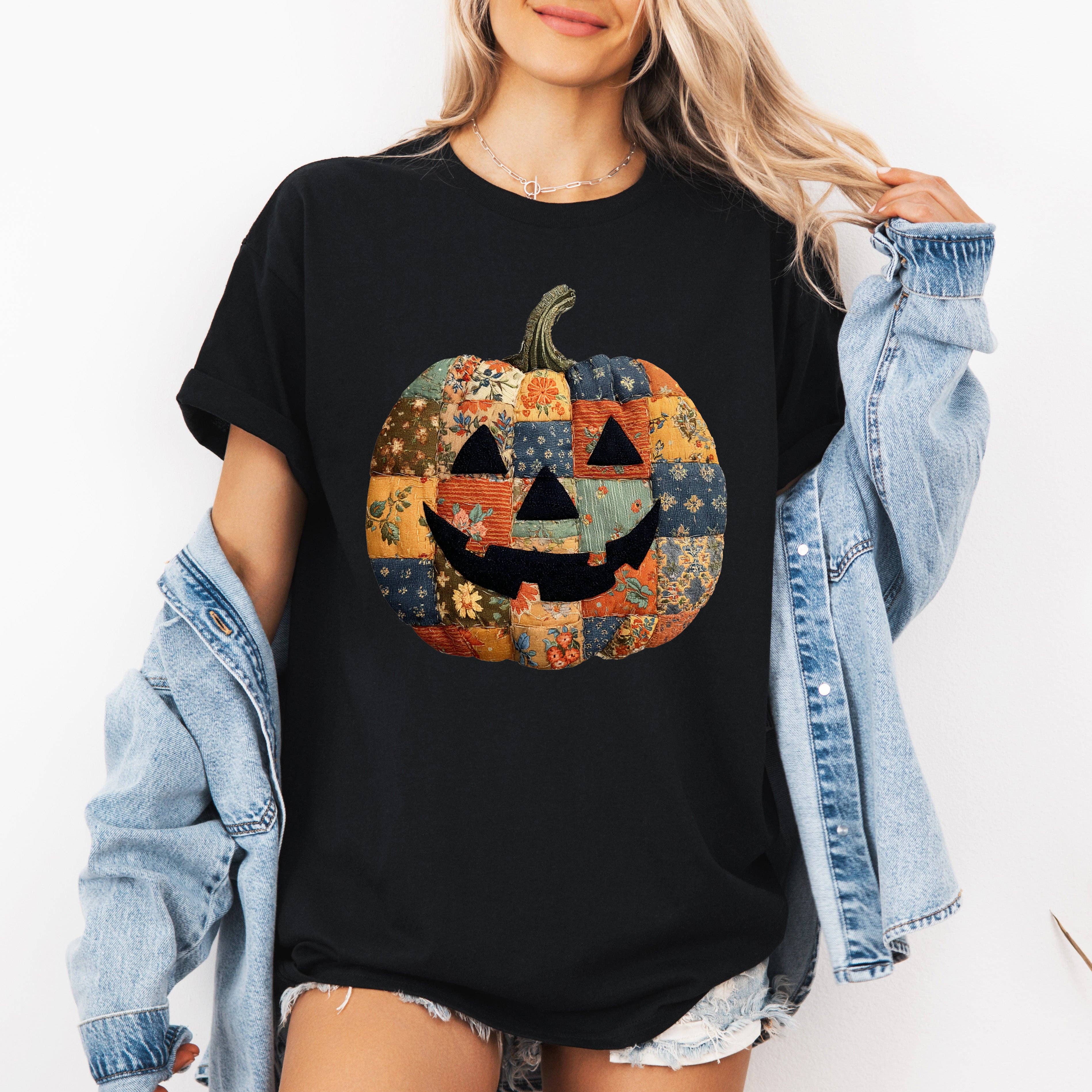 Jack-O-Lantern, Faux Quilt Pumpkin, Halloween, Fall Tshirt Hoodie, Sweatshirt | PodTeesHub.com