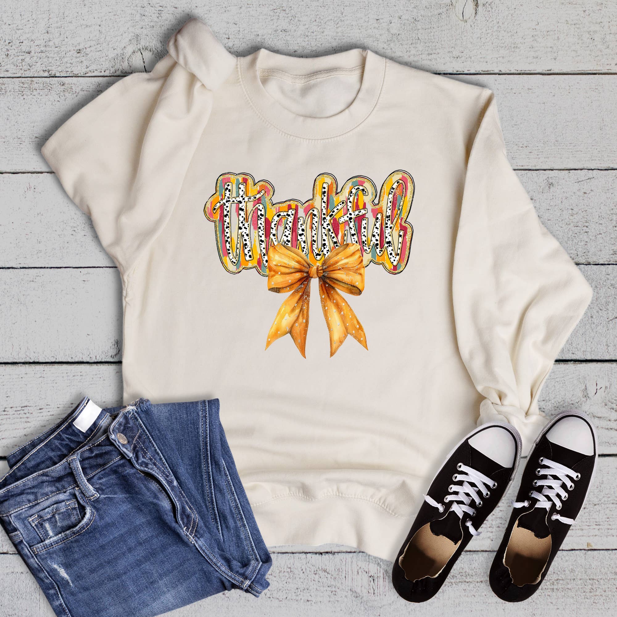 Boho Colorful Thanksgiving Grateful Coquette Bow Sweatshirt T-Shirts, Hoodie | PodTeesHub.com
