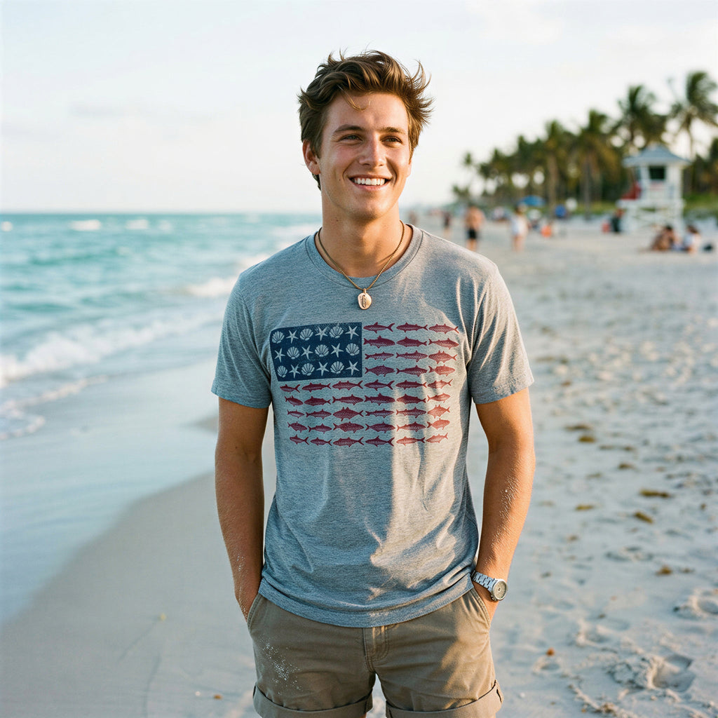 Fish Sea Shells American Flag Men's T Shirt
