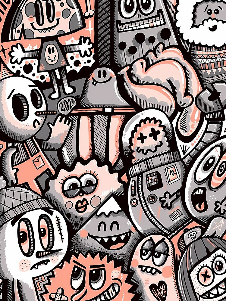 Quirky Cartoon Character Collage – Playful Black, White, and Orange by darkskinbender