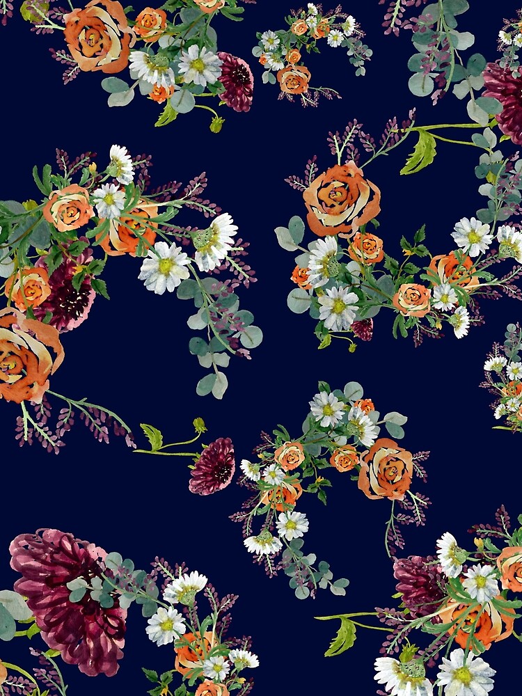 Dahlia red rose daisy pattern watercolor blue by Yana Mustafina | Boho Soulful Designs