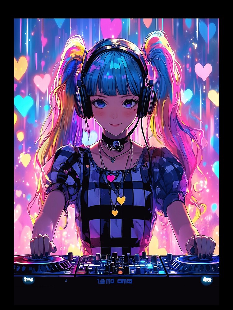 Neon anime colorful DJ girl with hearts by TheArtistOf2022