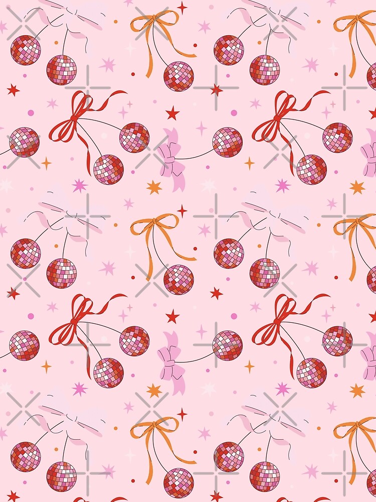 Pink Disco Cherries with Bows Repeating Pattern, Y2K aesthetic, disco aesthetic by CEB1700