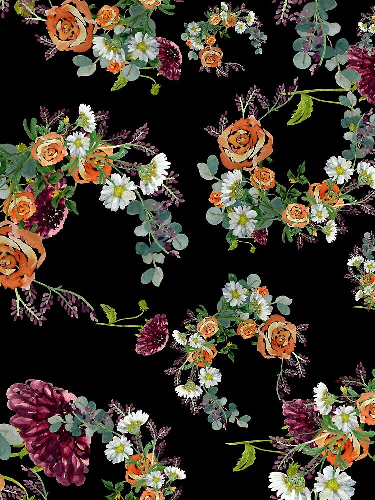 Dahlia red rose daisy pattern watercolor black by Yana Mustafina | Boho Soulful Designs