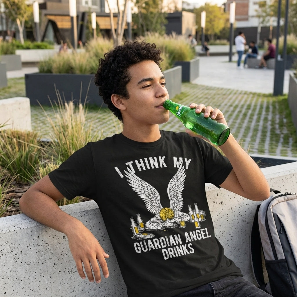 I Think My Guardian Angel Drinks Men's T Shirt