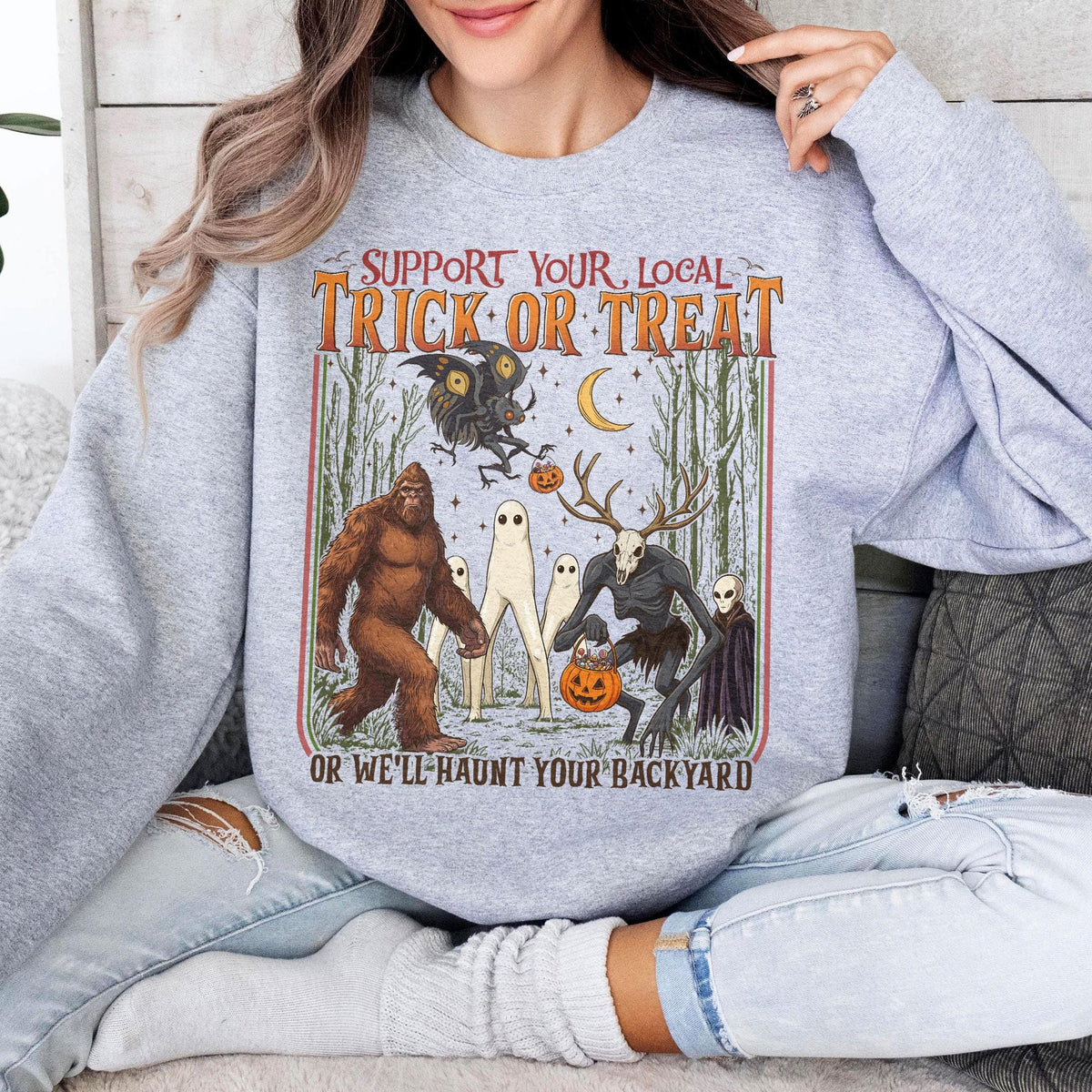 Halloween Cryptid Support Local Trick Treat Retro Fantasy Creatures Tee Spooky Season (5)