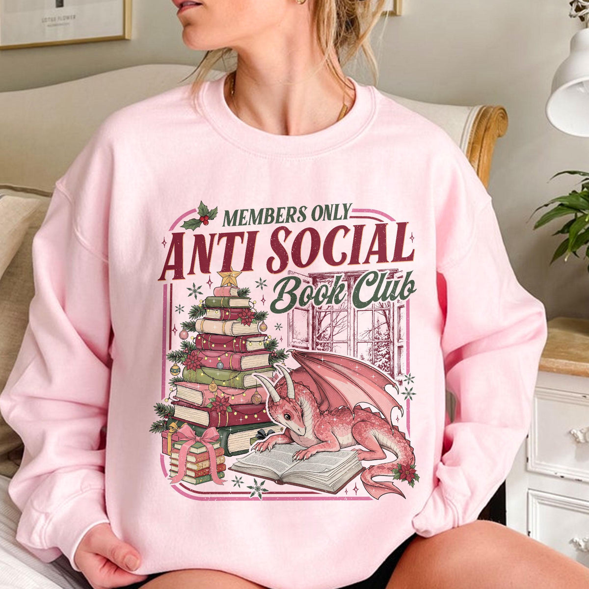 Anti Social Book Club Christmas Dragon Book Lover Fantasy Bookworm Holiday Sweater Retro Reader (3)