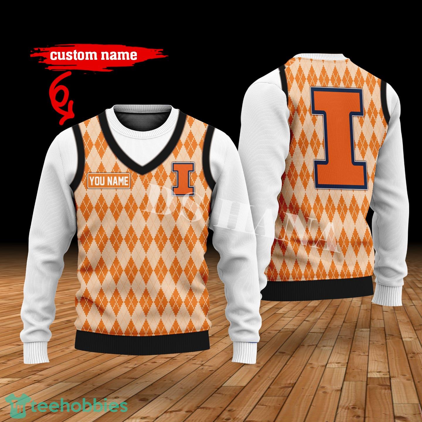 Illinois Fighting Illini Custom Name New Style Sweater Ghile Style 3D Print Christmas Sweater