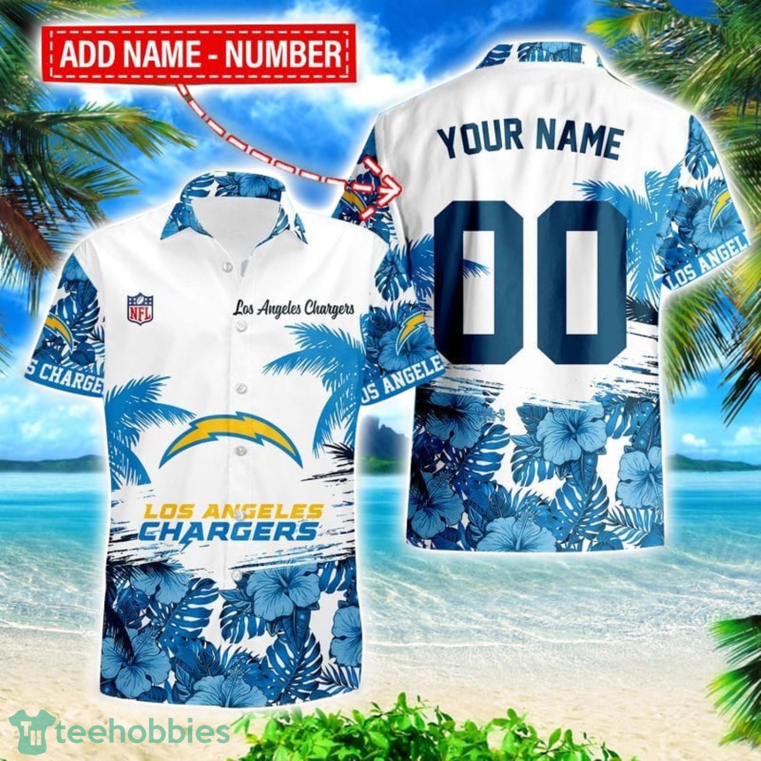Los Angeles Chargers Hibiscus Flower Hawaii Shirt and Shorts Summer Beach Shirt Custom Name And Number