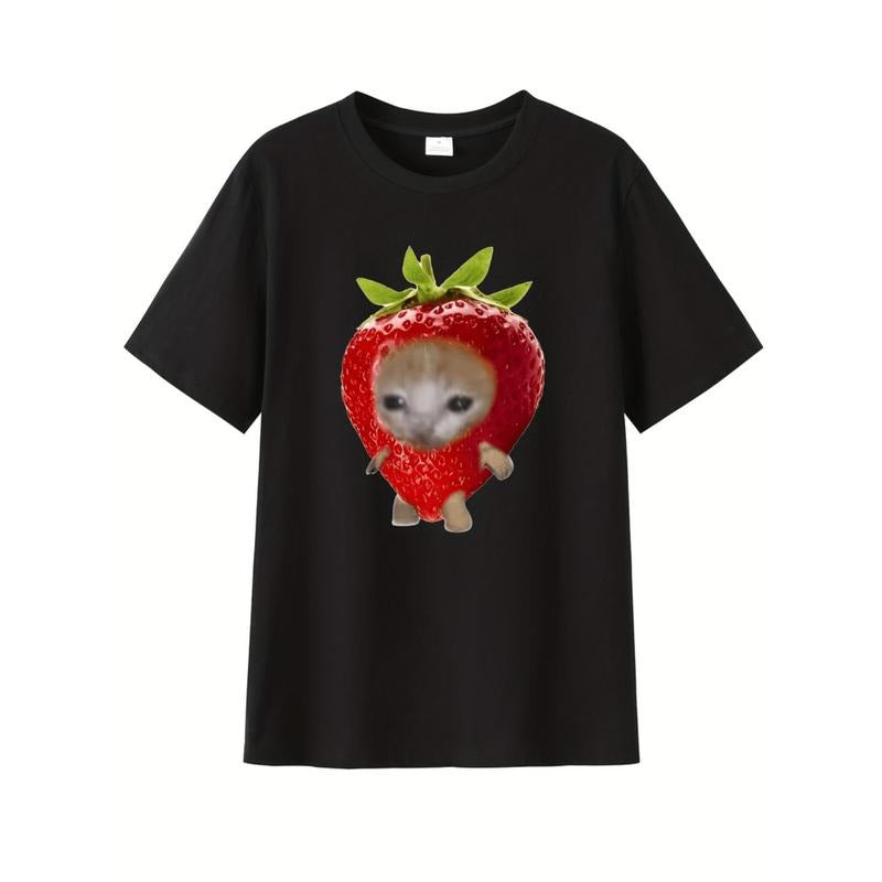 Men'S Cute Strawberry Cat Graphic T-Shirt - Casual Summer Style, Round Neck, Polyester, Rib-Knit Detail, Lightweight...
