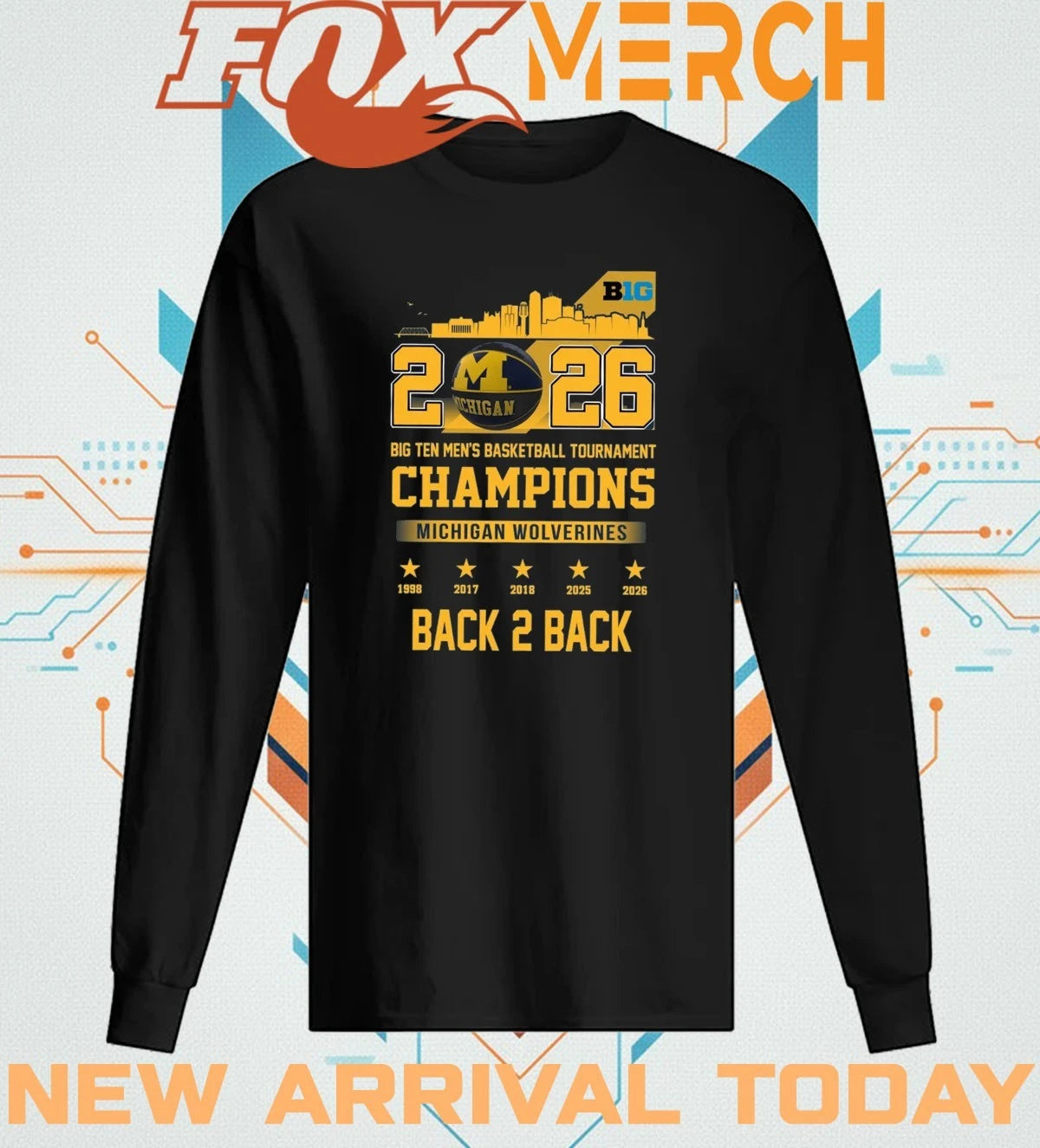 Michigan Wolverines 2026 Big Ten Men’s Basketball Tournament Champions back 2 back skyline shirt