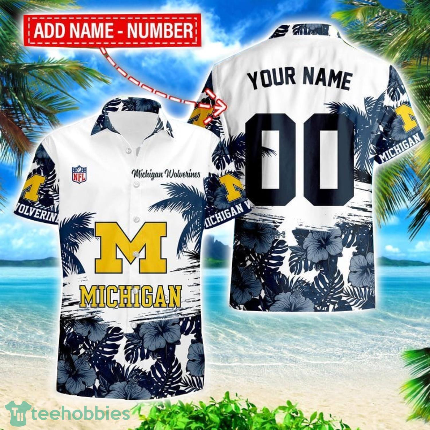 Michigan Wolverines Hibiscus Flower Hawaii Shirt and Shorts Summer Beach Shirt Custom Name And Number