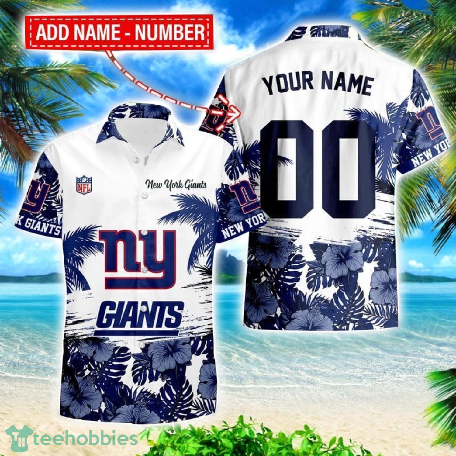 New York Giants Hibiscus Flower Hawaii Shirt and Shorts Summer Beach Shirt Custom Name And Number