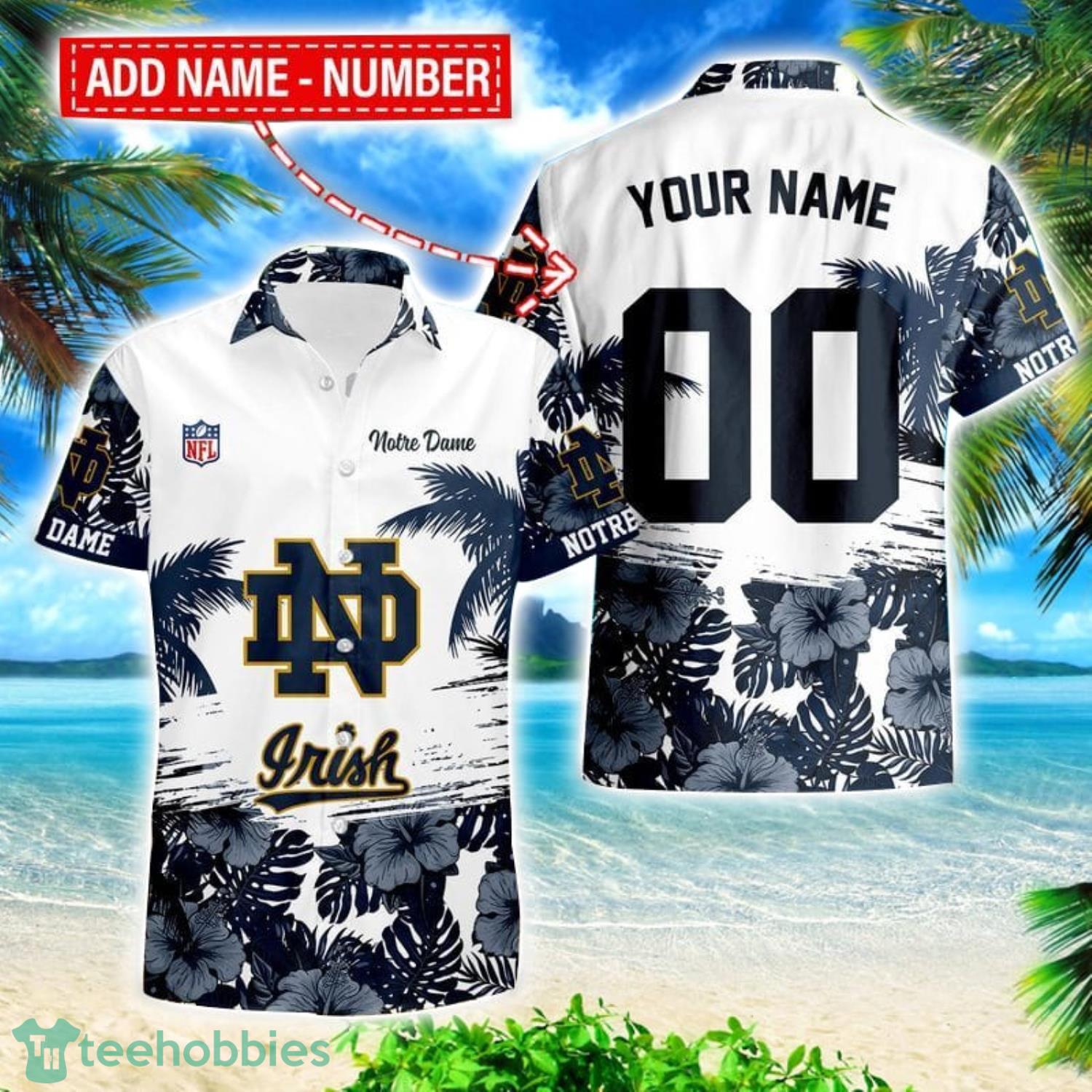 Notre Dame Hibiscus Flower Hawaii Shirt and Shorts Summer Beach Shirt Custom Name And Number