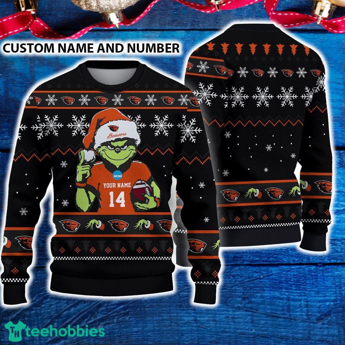 Oregon State Beavers 3D Ugly Christmas Sweater Grinch Funny Custom Number And Name