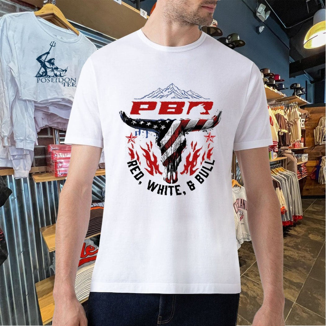 Professional Bull Riding PBR Red, White, And Bull Mountain Skull T-shirt