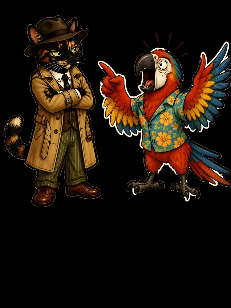 Funny Cat Detective and Dramatic Parrot  Gift for Best Friend Introvert and Extrovert  Duo True Crime Cat Lover by Martin's_Design