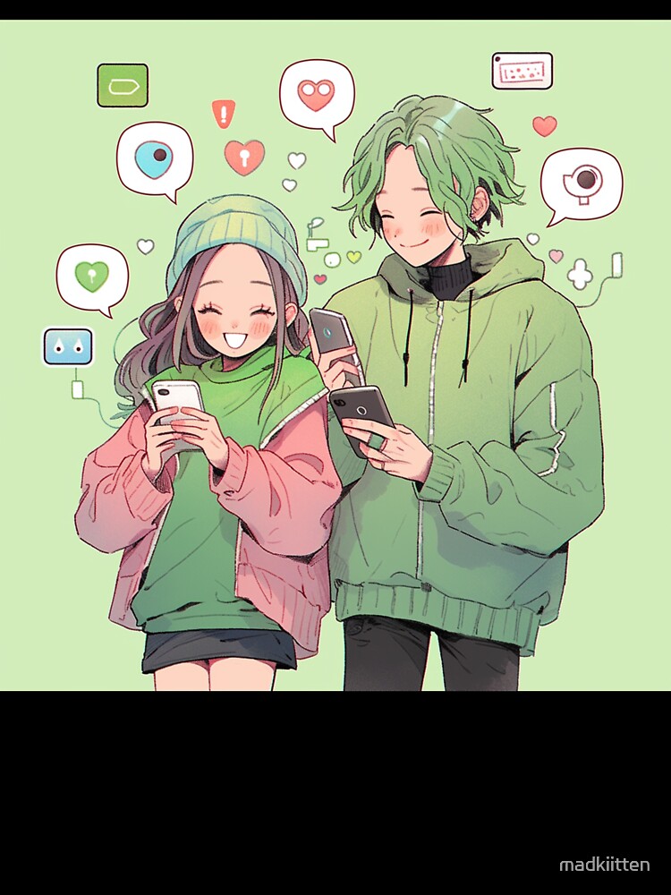 Cute anime couple on their phones by madkiitten