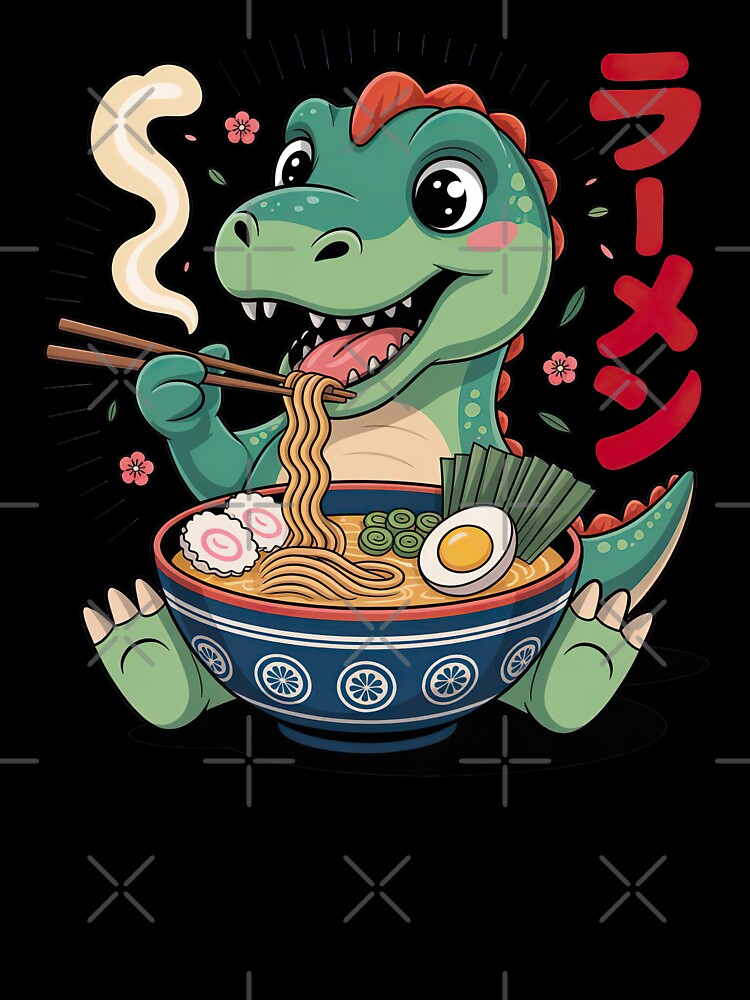 Cartoon Dinosaur, Cartoon Dinosaur Eating Ramen by graphic-genie