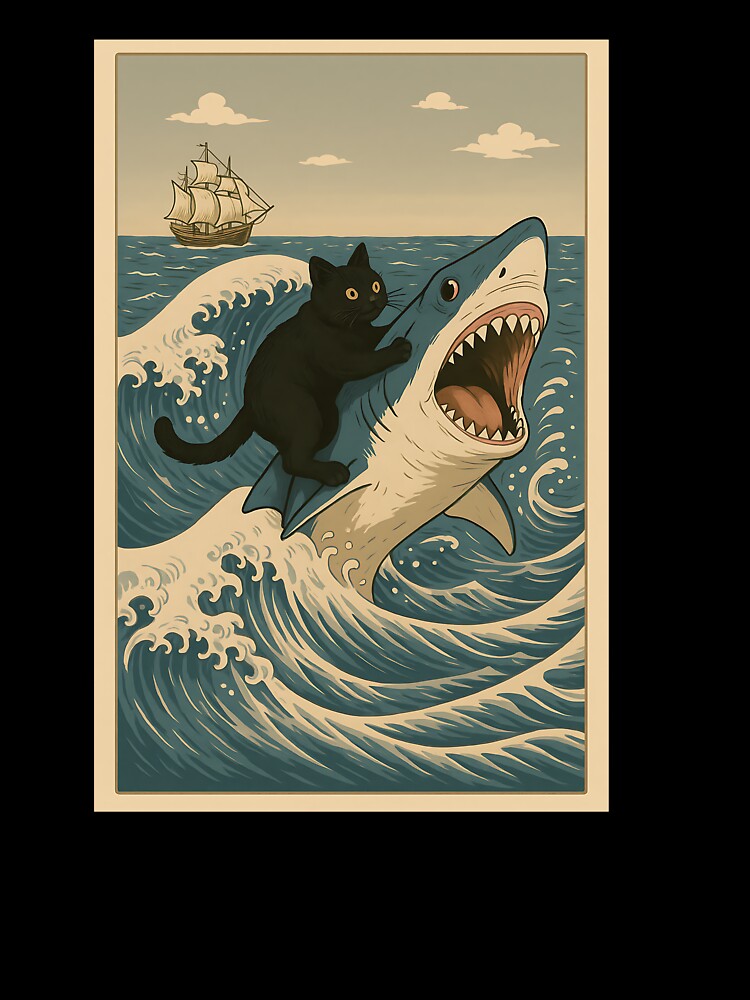 Funny Cat Riding Shark Meme Art Japanese Wave For Cat Lovers by cawtoon