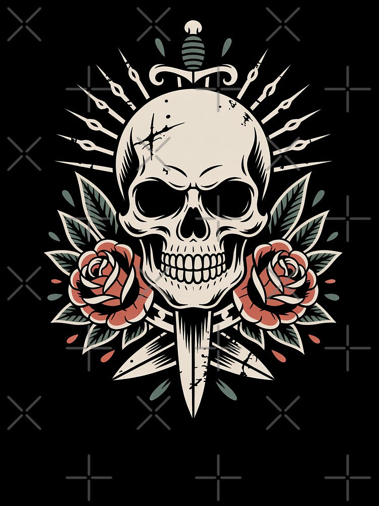 Vintage Skull Dagger Roses Weathered Traditional Tattoo Art by Say It With Ink