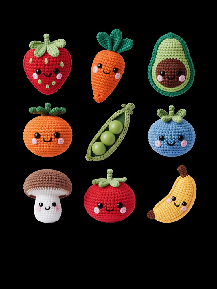 Kawaii Crochet Fruits and Vegetables Grid Design by NavigatorStreet