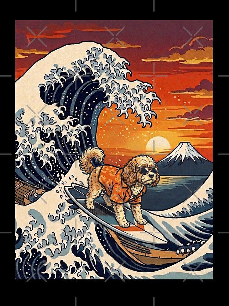 Funny Cavapoo Surfer Kanagawa Wave Japanese Sunset Vintage Mom Dad Kids by FurryHavenPH