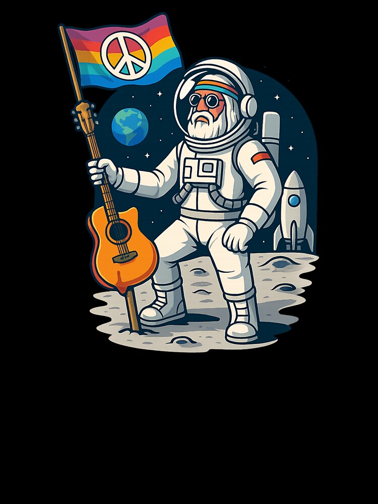 Elderly White Hippie Astronaut – Moon Peace Flag Guitar Design by Lunaria Arts