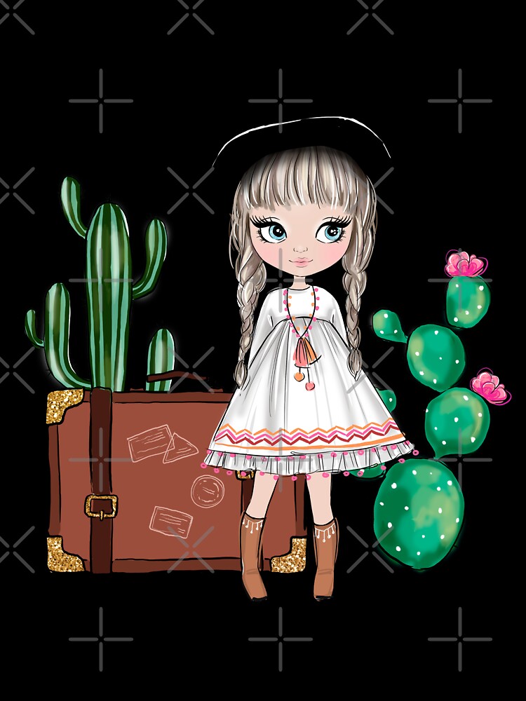 Boho style cute girl with cactus girly illustration 2 by Lalanacliparts