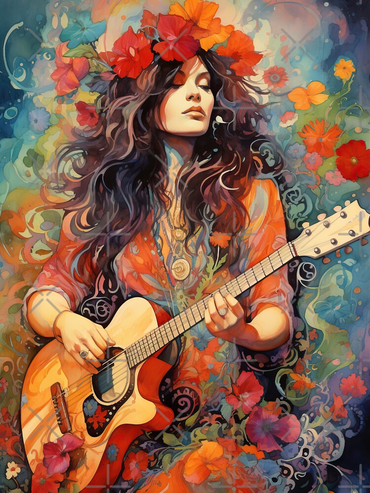 Hippie girl playing guitar by Rosaliartbook