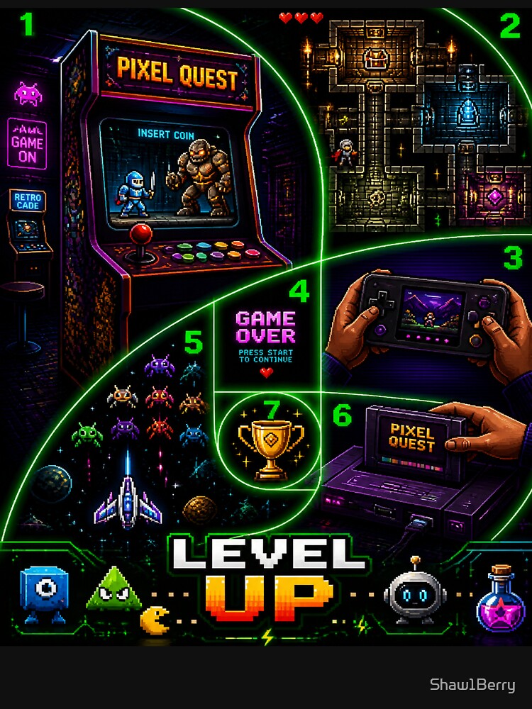 Level Up – Retro Pixel Gaming Collage Art by Shaw1Berry