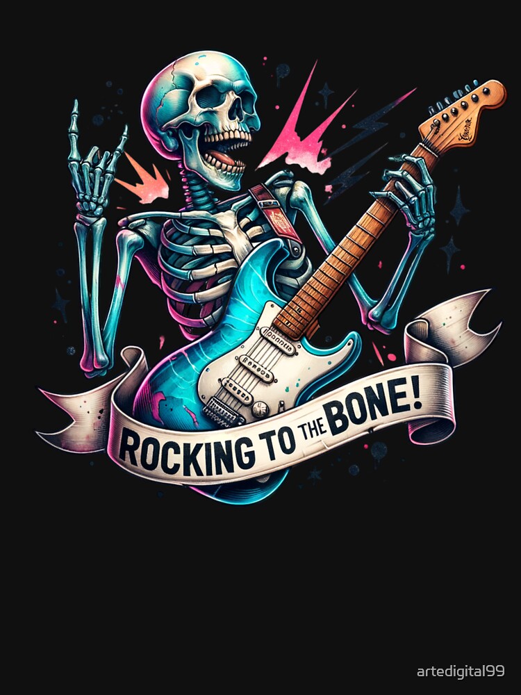 Skeleton – "Rocking to the Bone" Funny Design for T-Shirts, Mugs, Stickers & More by artedigital99