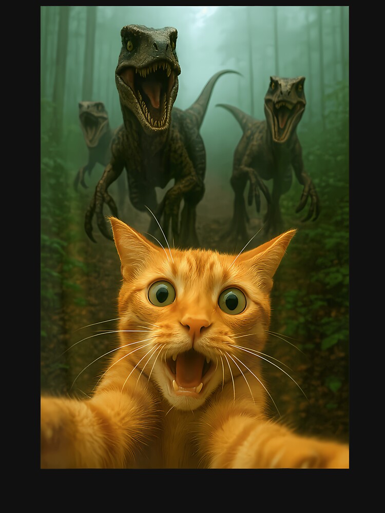 Cat Selfie Running From Raptors Dinosaurs Funny Kitty by TyrelKoch