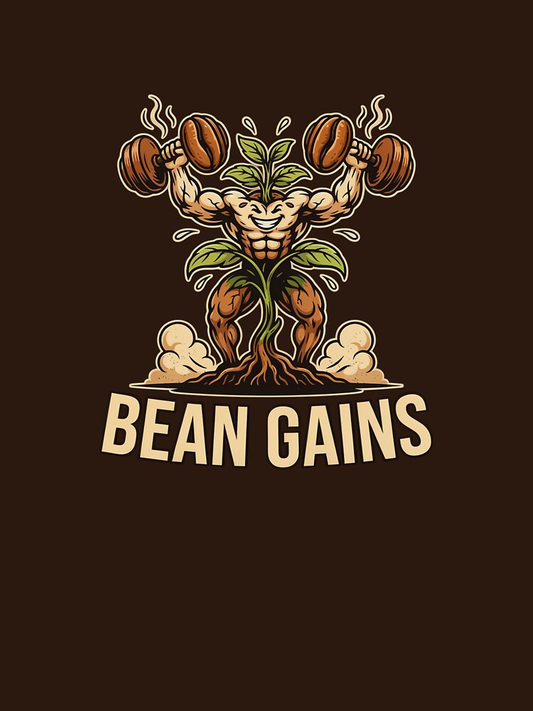 Bean Gains Funny Coffee Plant Gym Design – Strong Coffee Bean Workout Illustration by ArcticFoxStudio