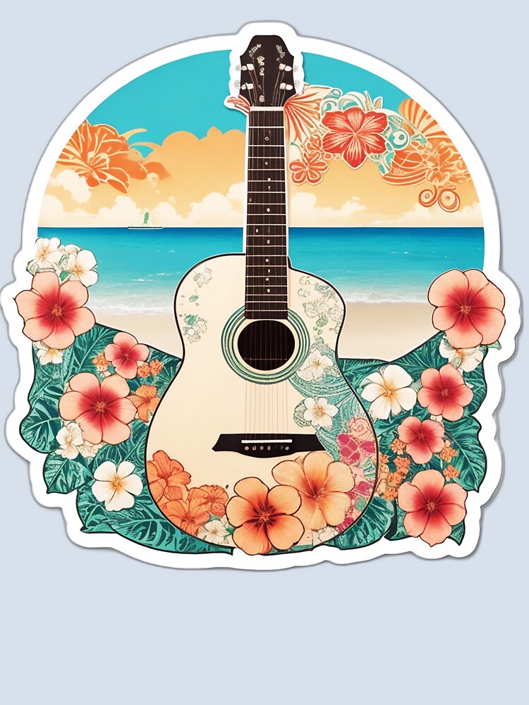 Hippie Guitar on a Hawaiian Beach with Orchid Flowers by NautiChic