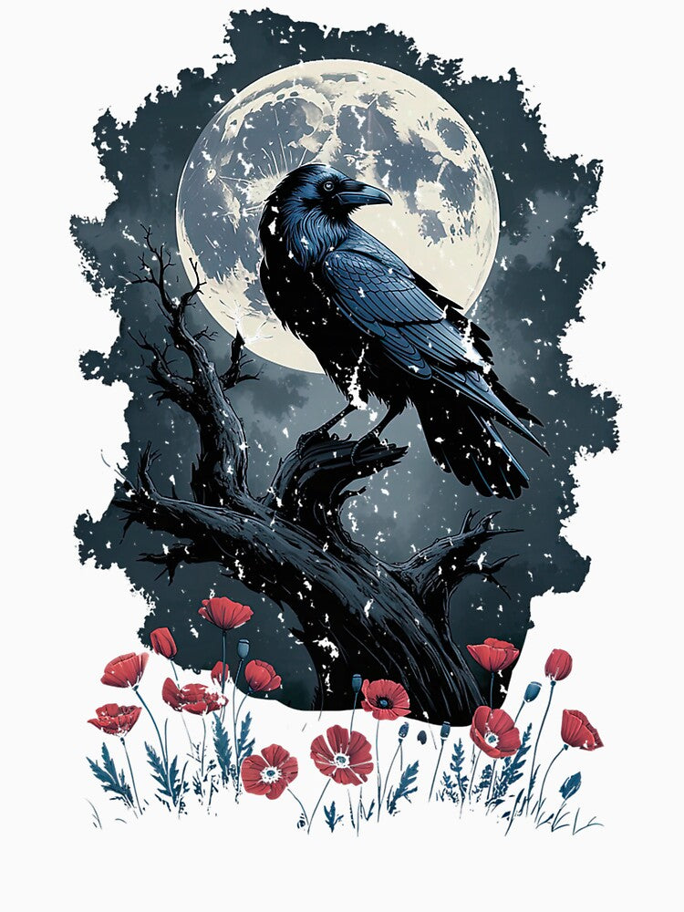 Raven with Poppies Moon and Flowers Gothic Botanical by fifinegceqs45