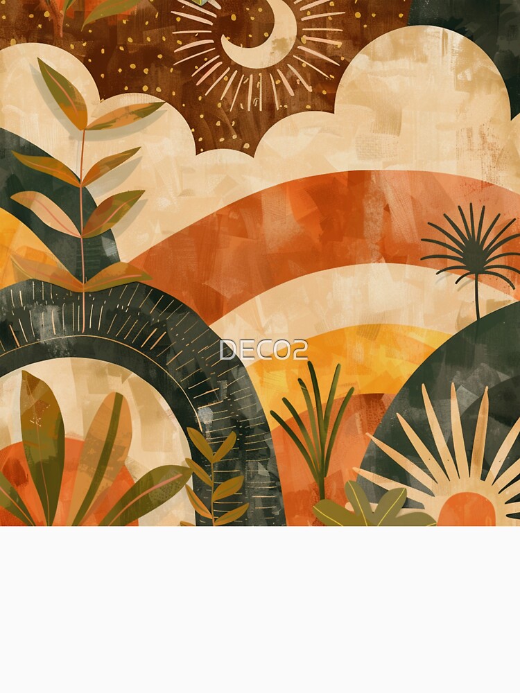 Boho Earthtones, Green, Orange, And Yellow Sunset Landscape by DEC02
