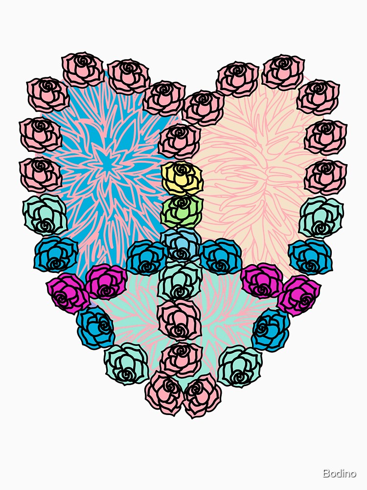 Hippie loveheart, heart with roses peace sign. by Bodino