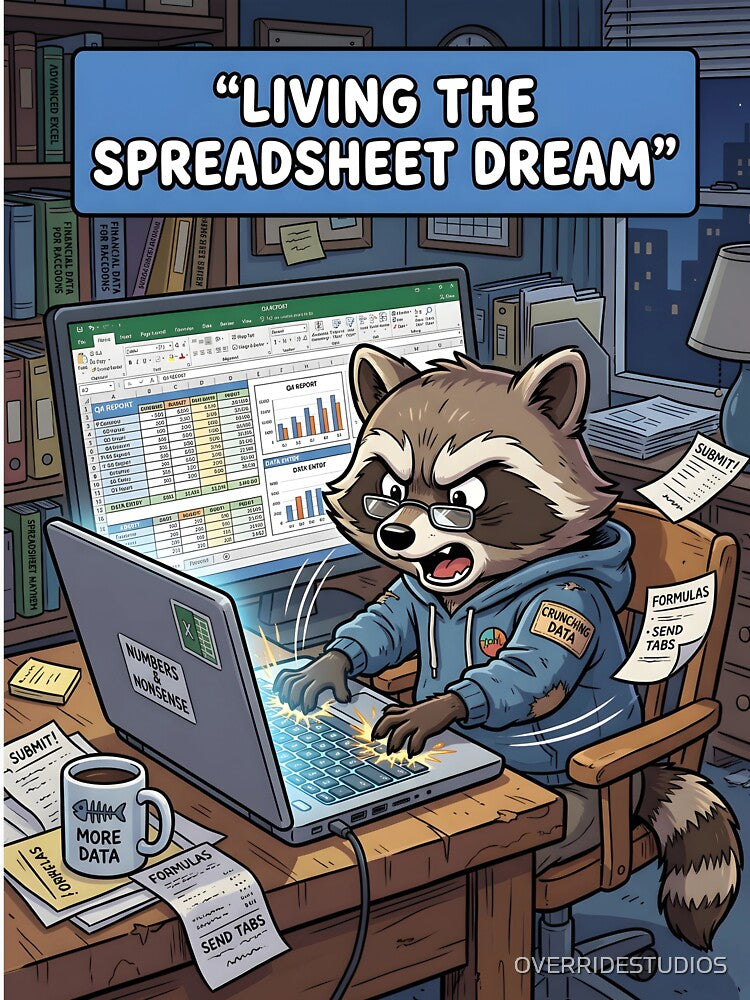 Funny Raccoon Office Meme Living The Spreadsheet Dream by OVERRIDESTUDIOS