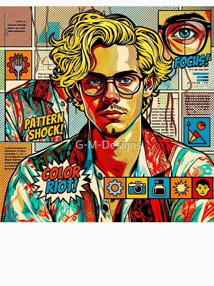 Pop art graphic of a man with glasses and blond hair, portrait, colorful festival by G-M-Designs