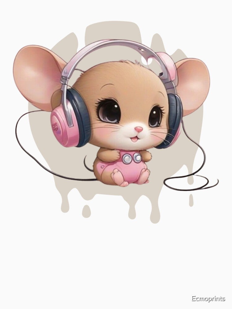 cute little mouse with headphones in a kawaii look by Ecmoprints