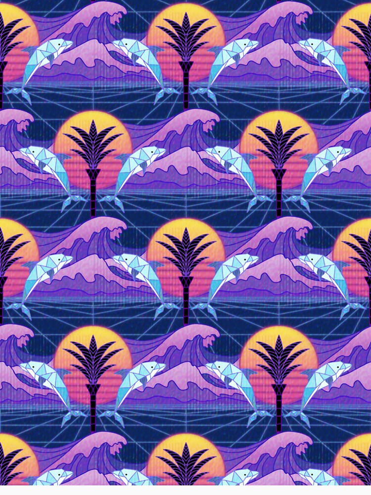 Retrowave Deco with Glitch and Dolphins - Dark Blue and Purple by Doodle Finch Designs