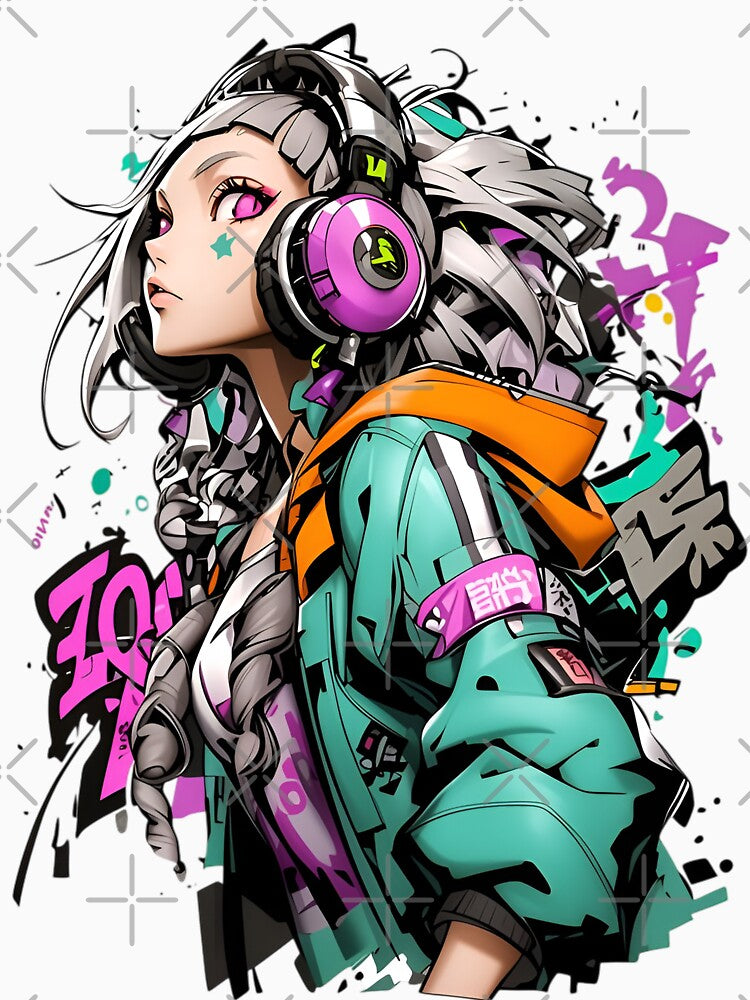 Neon Beat Girl – Cyberpunk Anime Headphones Aesthetic by Dyan4