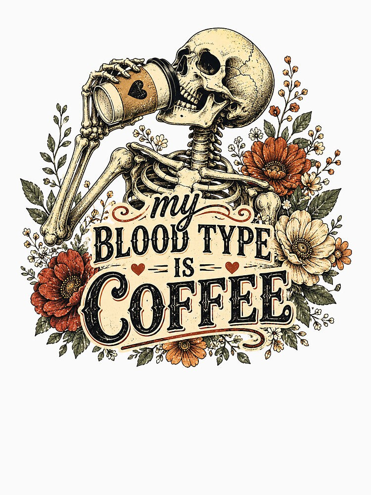 My Blood Type Is Coffee – Vintage Skeleton Floral Design by TiredMamaArt