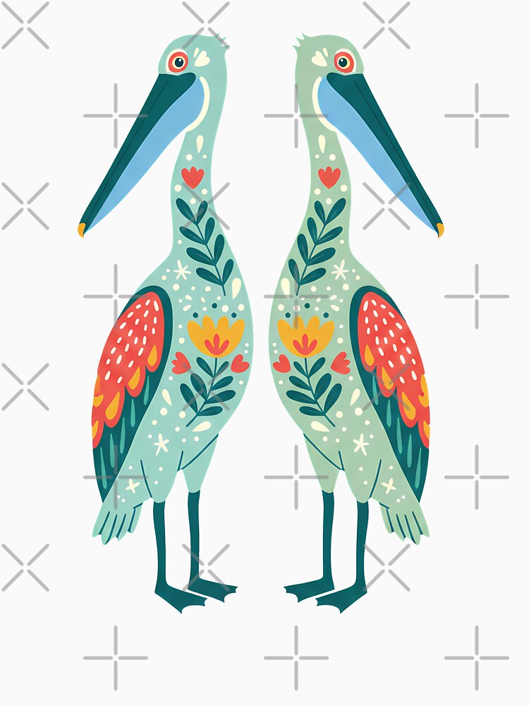 Two Floral Folk Art Pelicans – Scandinavian Folk Art by heidiannemorris © by FOLK ART FUSION by heidiannemorris