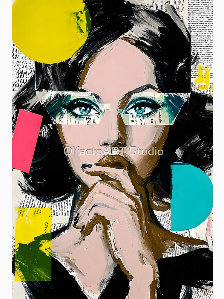 Explore Modern Expression with a Thoughtful Woman Amidst Vibrant Geometric Shapes by OlfactoART Studio