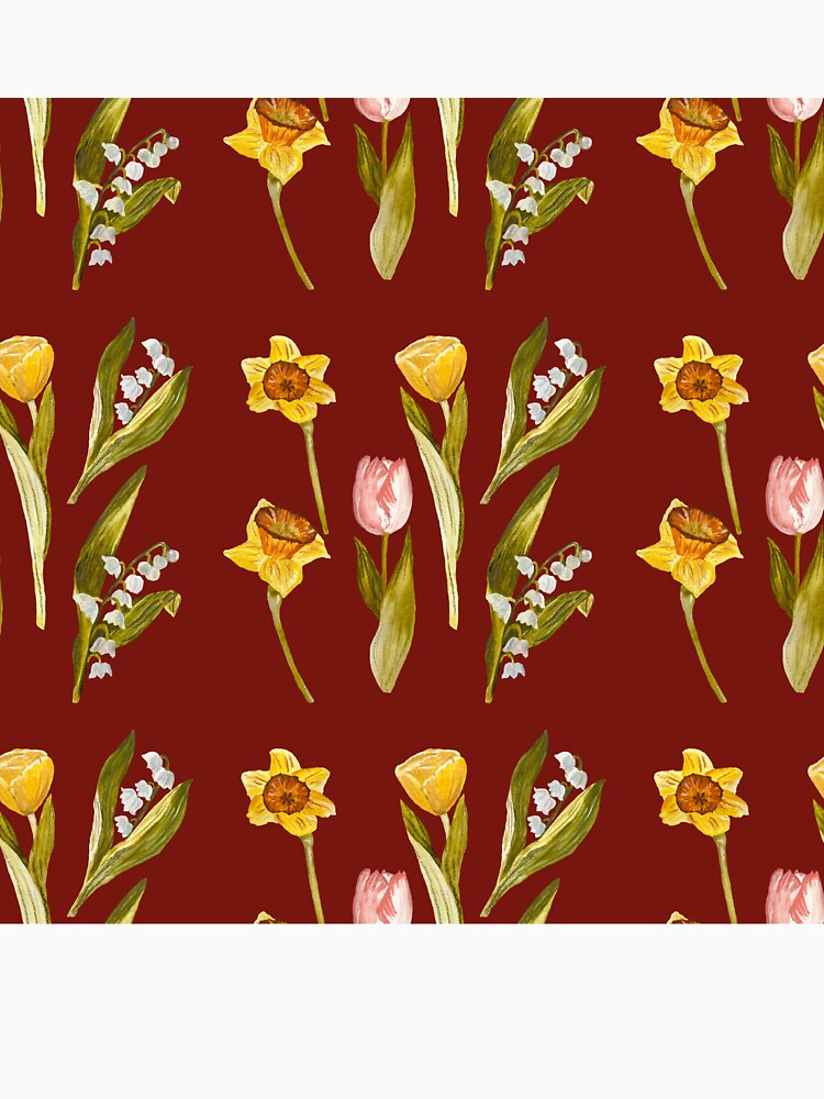 Daffodil tulip snowdrop Easter a seamless pattern red by Yana Mustafina | Boho Soulful Designs